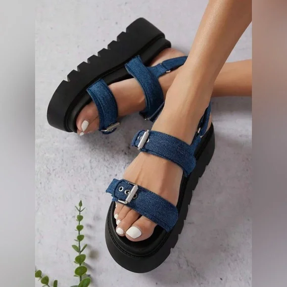 Denim Wedge Strap Platform Sandals NEW - Picture 1 of 5